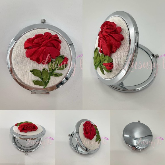 Rose Ribbon Embroidery Compact Mirror, Birthday Gift, Off-white - Picture 1 of 7